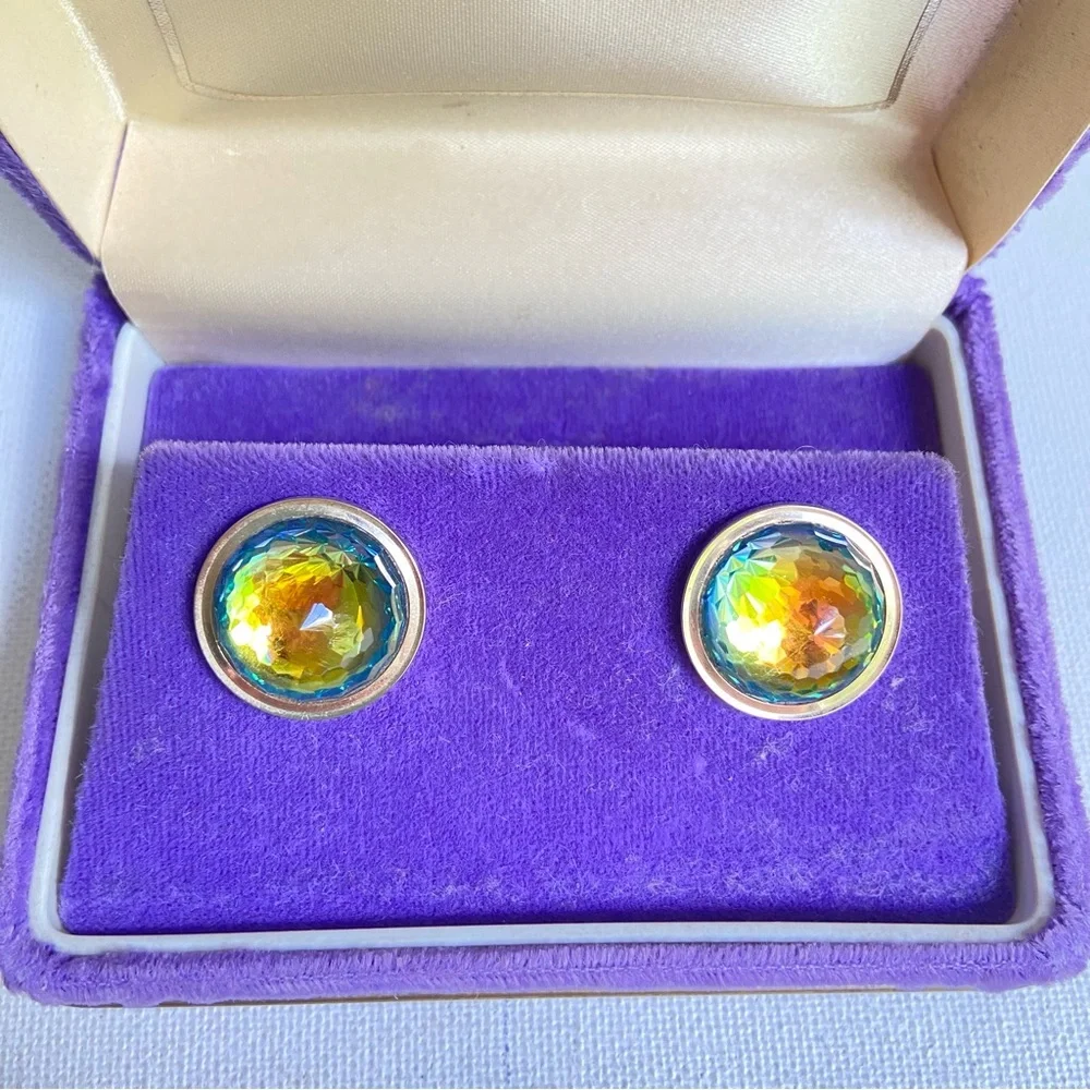 SWANK Grand Prix cuff links vintage with multicolored faceted rhinestones in box